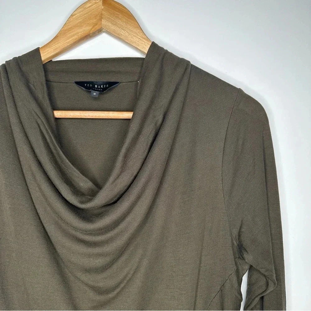 TED BAKER Khaki Green Neyda Long Sleeve Jersey Drape Dress Size 2 - Picture 7 of 15